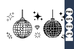 Disco ball with sparkling stars and diamond icon in black o Product Image 1