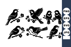 Small birds perched on flowering branches in black silhouett Product Image 1