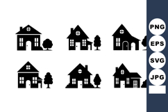 of six simple black silhouette house icons with trees and bu Product Image 1