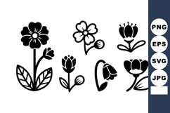 Black and white simple floral icons with various flower sha Product Image 1