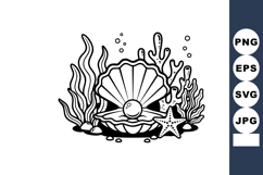 Open seashell with pearl under ocean waves featuring starfis Product Image 1