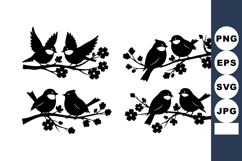 Silhouette birds sitting on branches with flowers vector des Product Image 1
