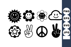 Smiling sun flower cloud peace hand signs black white vector Product Image 1