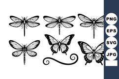 Vintage black and white dragonfly and butterfly vector colle Product Image 1
