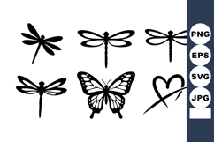 Dragonfly and butterfly silhouette vector with heart design Product Image 1