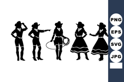 Silhouettes of cowgirl figures in various poses with hats, b Product Image 1