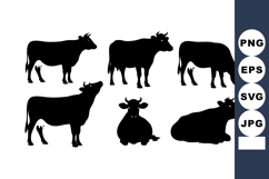 Silhouettes of cows in various poses black vector shapes far Product Image 1
