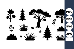 Silhouette tree and bush vector collection with grass and sm Product Image 1