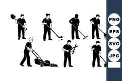 Silhouettes of male gardeners performing yard work with vari Product Image 1