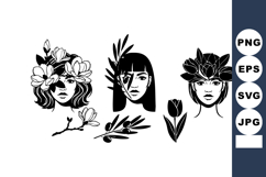 Black and white vector art of three women with floral crowns Product Image 1