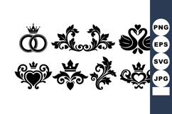 Elegant black ornamental floral crowns and heart swan vector Product Image 1