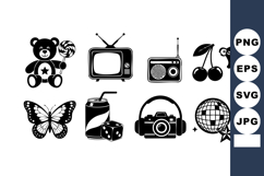 Collection of playful black and white vector icons including Product Image 1