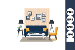 Modern living room interior with navy blue sofa and mustard Product Image 1