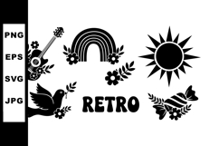 Retro style guitar rainbow sun dove and candy vector illustr Product Image 1