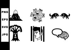 Collection of black silhouette icons including mountain wolf Product Image 1