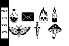 Gothic black silhouette icons of potion bottle envelope skul Product Image 1
