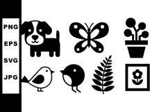 Simple black silhouette icons of dog butterfly plant bird fe Product Image 1