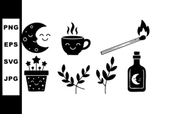 Cute moon and coffee cup with plant pot and matchstick vecto Product Image 1