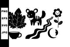 Cute black silhouette vector of leaf, tiger, flower, cup, ri Product Image 1