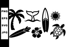 Tropical summer beach icons with palm tree, surfboards, turt Product Image 1