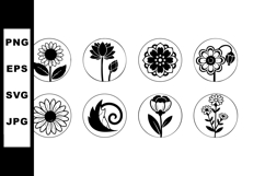Black and white floral icons set with varied flower designs Product Image 1