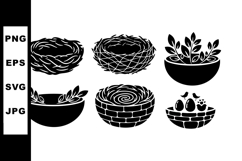 Six Different Black Silhouette Bird Nests Vector Illustratio Product Image 1