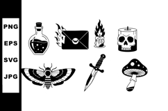 Magical and spooky symbols including potion bottle, burning Product Image 1