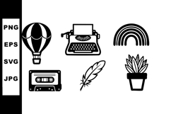 Vintage typewriter, hot air balloon, rainbow, cassette tape, Product Image 1