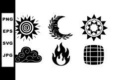 Vector set of black sun moon fire cloud symbols with circula Product Image 1