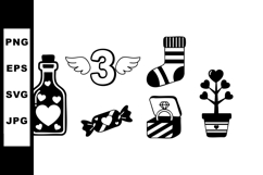 Love themed icons with heart bottle, candy, ring box, sock, Product Image 1