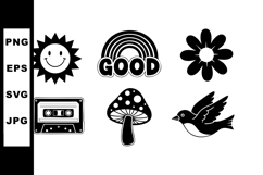 Retro style black silhouette icons sun mushroom cassette bir Product Image 1