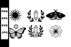 Black and white mystical sun, butterfly, crystal, moth, and Product Image 1