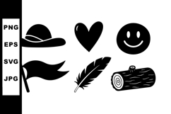 Simple black silhouette icons of flag hat heart smiley feath Product Image 1