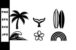 Tropical beach icons with palm tree wave surfboard and rainb Product Image 1