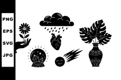 Black silhouette mystical elements including hand flower hea Product Image 1