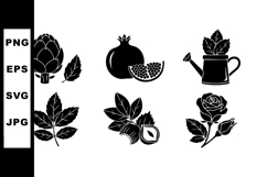 Vector icons of artichoke pomegranate watering can leaves ha Product Image 1