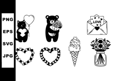 Cute black and white love themed icons with cat bear flowers Product Image 1