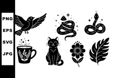 Magical black cat and mystical snake vector illustrations wi Product Image 1