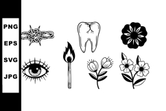 Set of black and white hand-drawn tattoo style symbols inclu Product Image 1