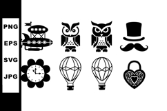 Vintage steampunk airship owl mustache clock flower hot air Product Image 1