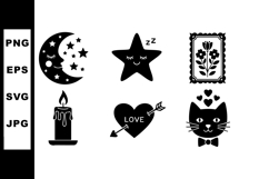 Cute black silhouette icons of moon star candle heart and ca Product Image 1
