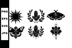 Black silhouette sun crystal butterfly moth nature symbols v Product Image 1