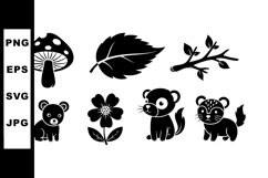 Black silhouette vector set of forest animals mushrooms leav Product Image 1