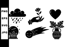 Black silhouette icons of rain cloud, hand with flower, hear Product Image 1