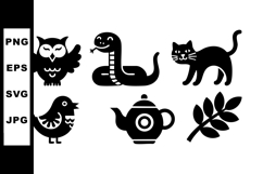 Silhouettes of owl snake cat bird teapot and leaf vector ico Product Image 1