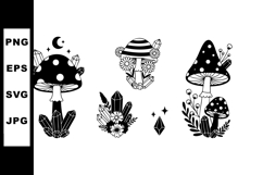 Black and white magical mushrooms with crystals and floral e Product Image 1