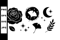 Black silhouette floral elements with rose moon stars and le Product Image 1