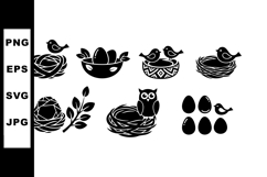 Bird and Owl Nests with Eggs and Leaves Vector Silhouettes i Product Image 1