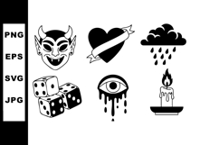 Set of six black and white tattoo style vector icons with de Product Image 1