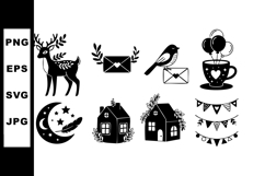 Black and white vector set of deer, mail, bird, cup, moon, h Product Image 1